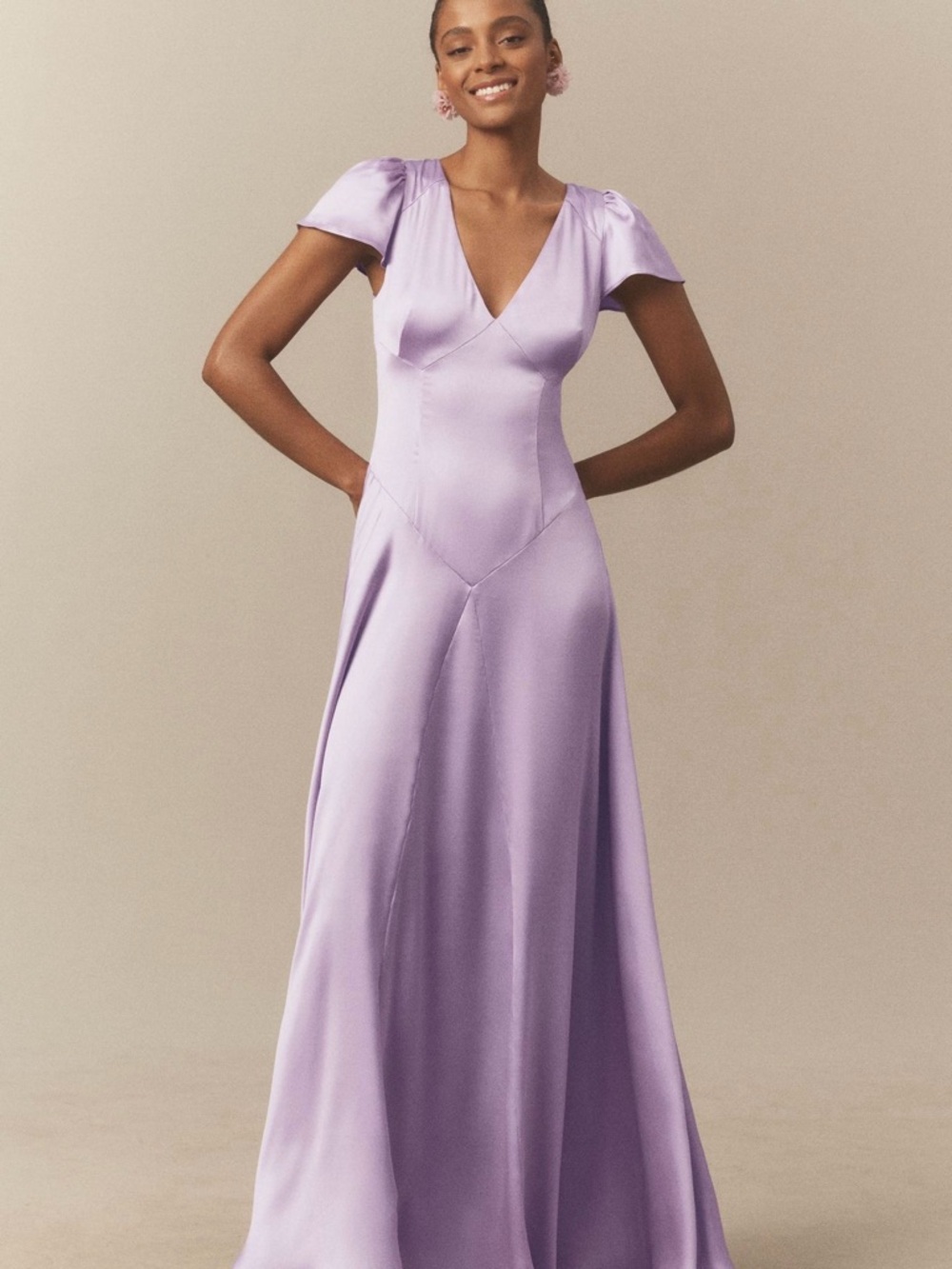 Anthropologie Lavender Satin V-Neck Maxi Dress